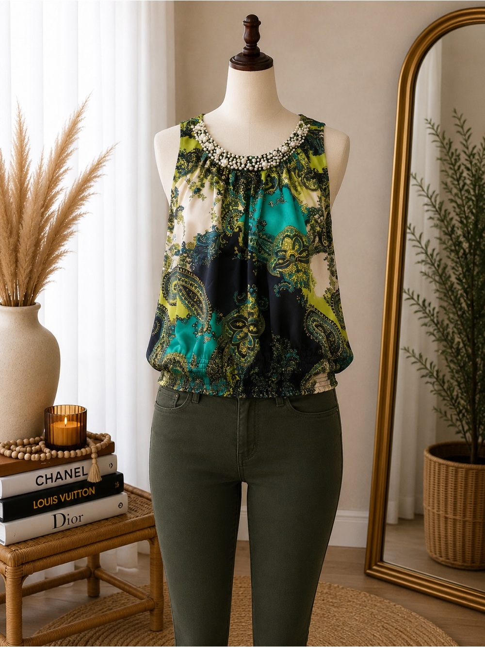 Larry Levine Beaded-Neck Paisley Tank in Teal and Green